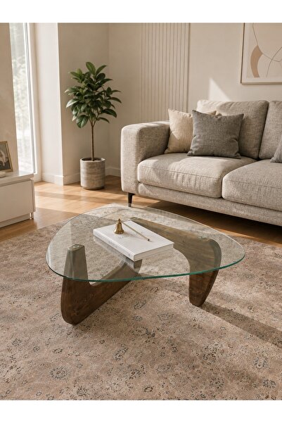 EFFE YAPI DEKOR Orta Sehpa - Ceviz Renkli Asimetrik Model 90X65 Cm ( Temperli...