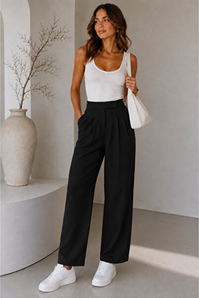 nurneva بنطلون نسائي عالي الخصر ذو قصة عادية وواسعة الساقين مع حزام فيلكرو من...
