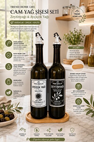 Trend Home Life Bambu Ahşap Stantlı Amber 2 li Yağdanlık Seti Cam Şişe 750 ml Yağlık Yağdanlık