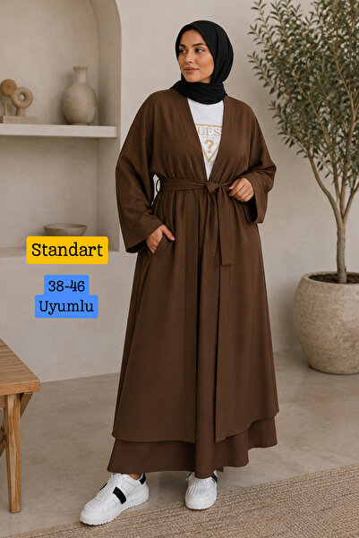 Mogi Butik Women's Kimono Long Cardigan Trouser Set Belted Hijab Combination ...
