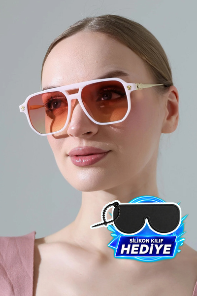 MİLANO KORS Women's Oversize Pink Frame Gradient Glass Gold Handle Sunglasses