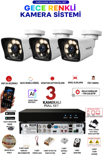 PROLİFE 3 Kameralı Set - 5mp Sony Lensli Full Hd Gece Renkli Görüşlü Güvenlik...