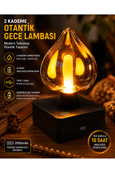 ECONA Otantik LED Masa Lambası – 2 Kademeli Mum Efektli Amber Gece Lambası – ...