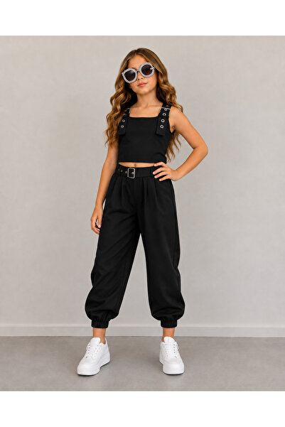 KOKOŞ BEBEK Set 3 piese pentru fete, negru, cu pantaloni din gabardină și cur...