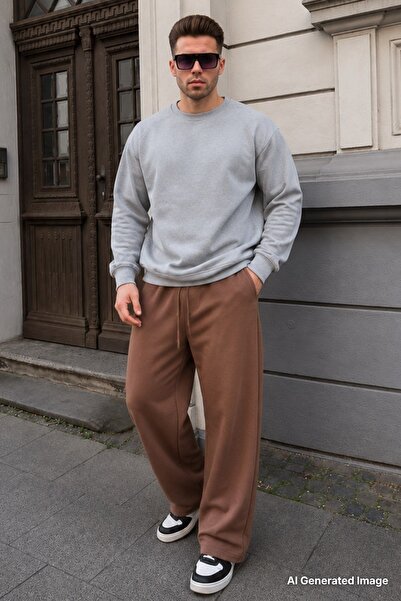 Madmext Brown Relaxed Fit Wide-Leg Men's Sweatpants E6589