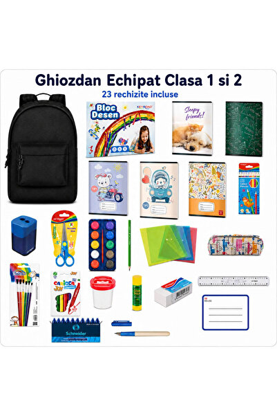 MC Micostore Ghiozdan Echipat Clasa 1 si 2 cu 23 Rechizite Scolare Premium, F...