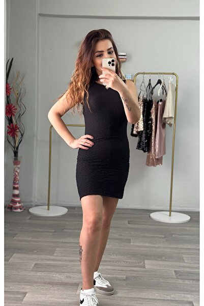 Derya Akyol Women's Black Crew Neck Seersucker Fabric Bodycon Mini Dress