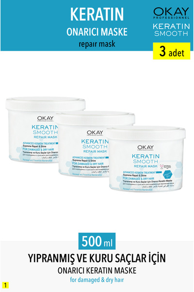 OKAY KOZMETİK Okay Keratin Smooth Hair Mask - 500ml x3 Pieces