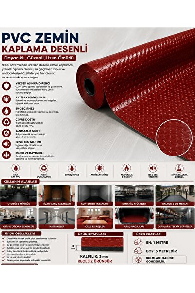 SLC MARKETİM PVC Desenli Zemin Kaplama Muşambası 3mm 1x5 Metre Kaymaz Araç Ko...