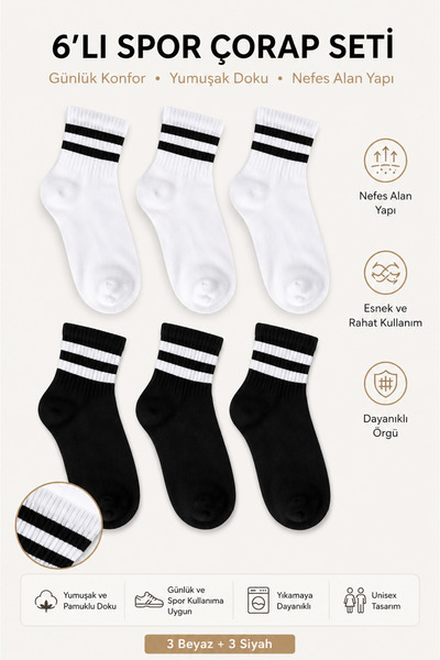 EFİLACCESSORİES Unisex 6-Piece School Socks Set 3 White 3 Black Striped Daily...