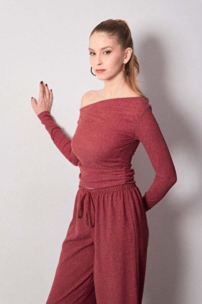 Fulla Moda Bluză cu gât barcă drapată din țesătură Bürümcük