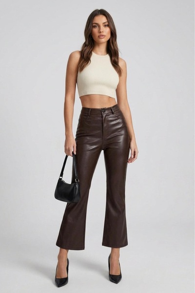 Grenj Fashion بنطلون بني جلد صناعي بطول الكاحل عالي الخصر واسع من الأسفل