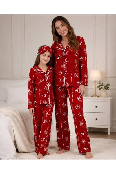 Pajama Shop Mother-Daughter Cotton Suede Fabric Red Snowflake Deer Pattern Sh...