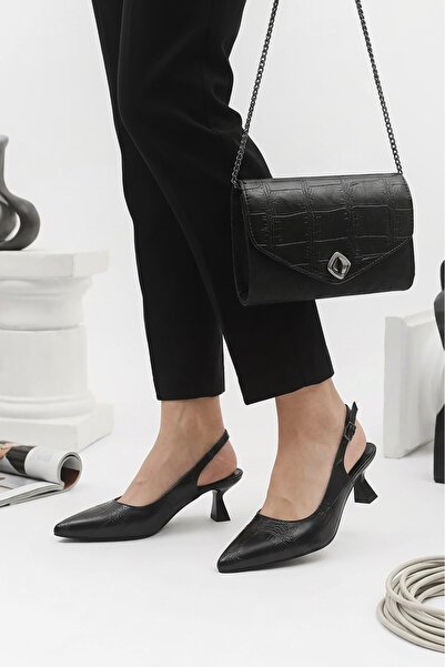 ventro Black Women's Heeled Genuine Leather Shoes Classic Casual Shoes