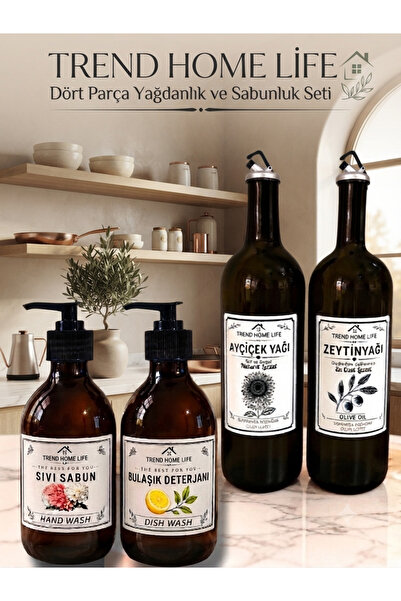 Trend Home Life 4’lü 2’li Amber 750ml Yağdanlık 2’li Amber Sabunluk Mutfak Yağlık Sabunluk Set ( Standsız)