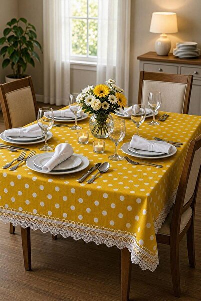 Home Fistolu Masa Örtüsü Sofra Bezi Sarı Beyaz Puantiye Dertsiz Leke Tutmaz 1...