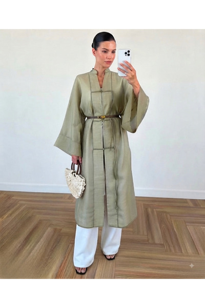 FEMMESTUDIO Kadın Haki İp Bağcıklı Çin Dügmeli Transparan Uzun Gömlek