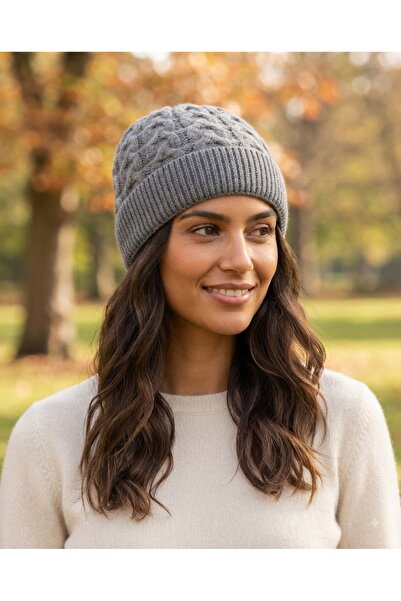 Fonem Unisex Lavinia Woolen Beanie Fo 2752 Gray Knitted Patterned, Durable Wo...