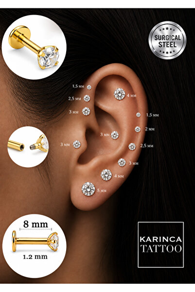 Karınca Piercing 8mm Taşlı Piercing Tragus Helix Kulak Kıkırdak Flat Conch Du...