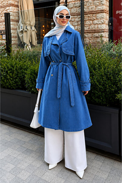 Missvalle Belt Detailed Denim Trench Coat Light Blue 19320