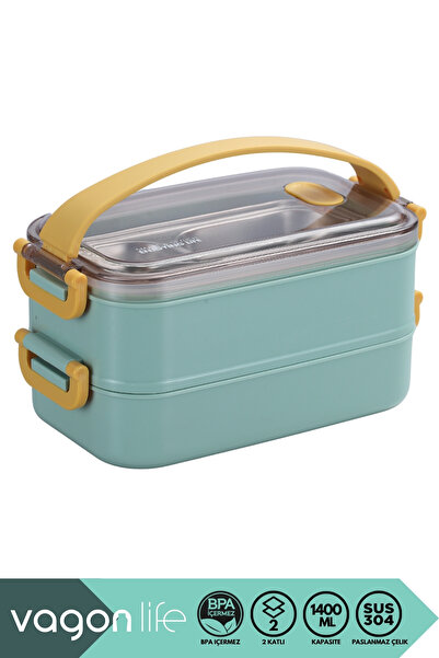Vagonlife Bento 1400ml Lunchbox New Collection 2 Layer Silicone Handle Stainl...