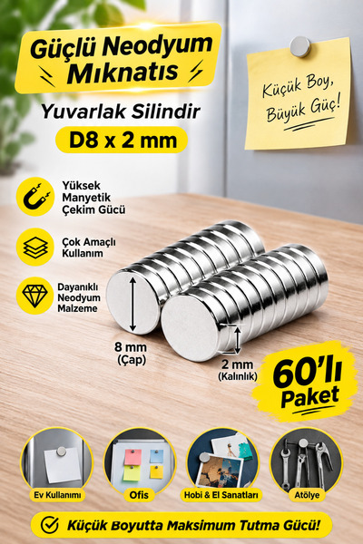 Dünya Magnet 60 Adet D8x2 mm Güçlü Neodyum Mıknatıs Yuvarlak Silindir N35 Magnet