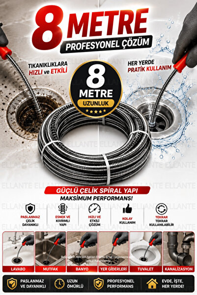 ellante 8 Metre Profesyonel Spiral Gider Açma Sustası Teli Lavabo Boru Kanali...