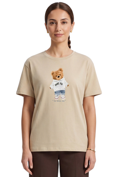 DK DAKSEL Dare You Hooded Teddy Bear Printed Oversized Regular Fit Unisex T-S...