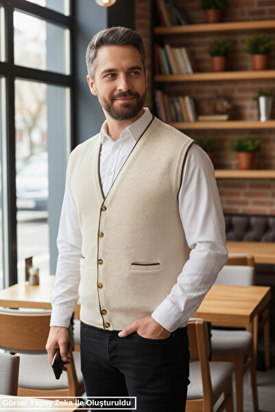 Kamalı Men's Cream V-Neck Knitwear Buttoned Pocketed Striped Pattern Regular ...