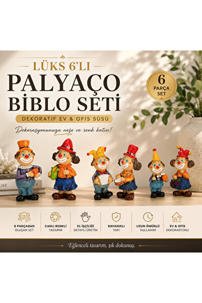 e-life shop Lüks 6’lı Polyester Palyaço Biblo Seti Dekoratif Obje Ev Ofis Hed...