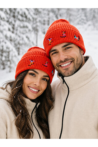 byebruketenci Orange Wool Beanie Ski Embroidered Hat