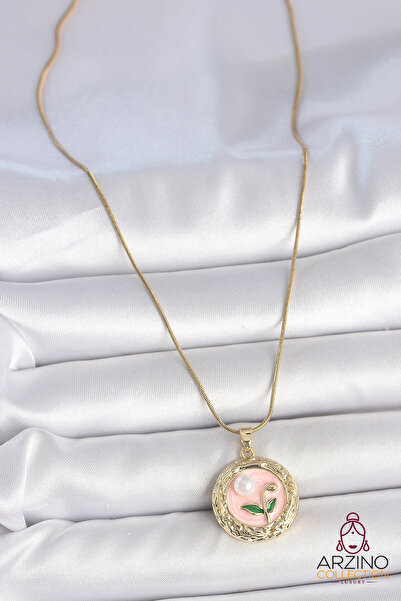 Generic Brand 316L Steel Gold Color Chain Pink Flower Embroidered Pearl Detai...
