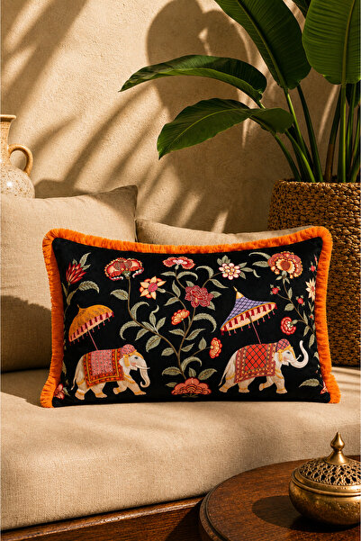 ASDİVA Black Elephant and Floral Patterned Fringed Rectangular Decorative Thr...