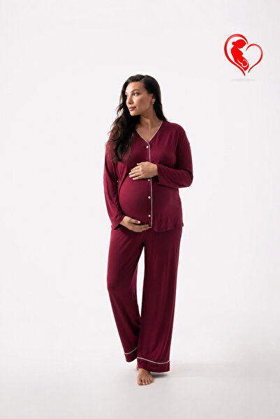Mivoon Bambu Kumaş Hamile Pijama Takımı - Düğmeli Fitilli Model M-6XL