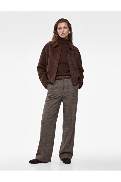 Koton Viscose Blended Pocketed Straight Wide Leg Belted Plaid Trousers