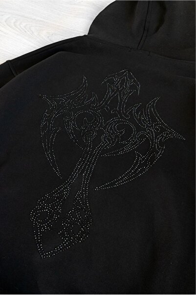Fadeback Rhinestones Gümüş Taşlı Goth Oversize Hoodie