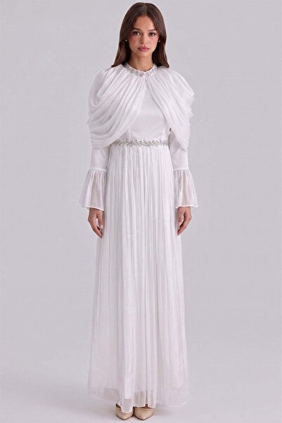 Olcay Volan- und Steindetail-Plissee-Yoryo-Seiden-Tesettür-Abendkleid WEISS 1260