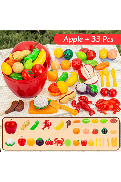 choice2 Apple 33 Pcs Cutting Play Food Toy for Kids Kitchen Pretend Fruit &Ve...