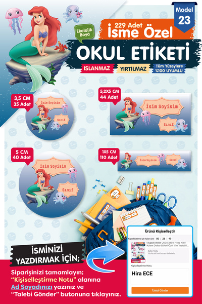 t tuğset etiket Okul Etiketi Deniz Kızı Ariel Kalem Defter Etiketi Özel İsim ...