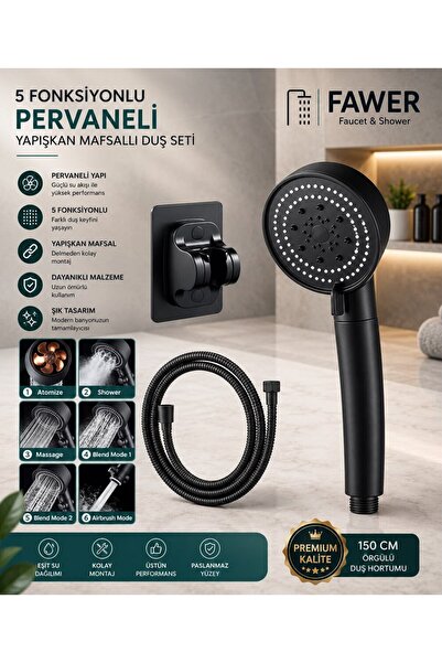 FAWER Faucet & Shower Fawer 5 Fonksiyonlu Siyah Yapışkan Mafsallı Duş Seti Du...