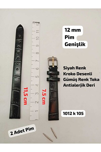 Brality 12 mm Uyumlu Kol Saati Kordonu - Siyah Renk KROKO Desenli Model - GÜM...