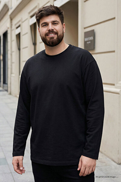 TOMMY LIFE Black O-Neck Comfortable Fit Oversized Plus Size Long Sleeve Men's...