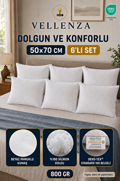 Vellenza 6 ADET silikon Elyaf Dolgulu 50x70 Yastık İçi Mikro Kumaş Yumuşak Do...