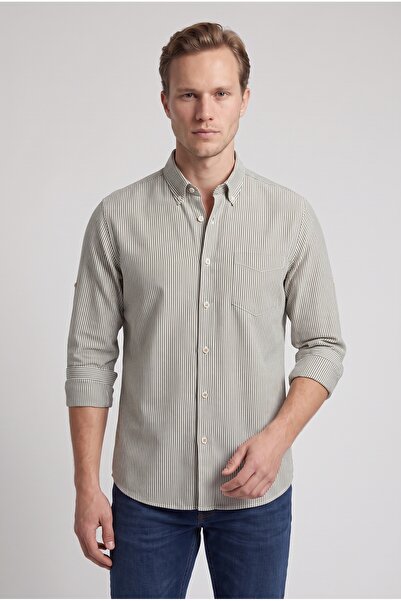 D'S Damat Ds Damat Regular Fit Khaki Striped Patterned Cotton Shirt