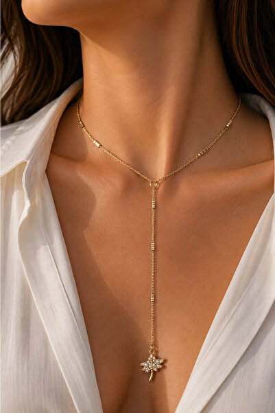 Modex Gold Color Stone Leaf Figured Y Necklace (60cm)