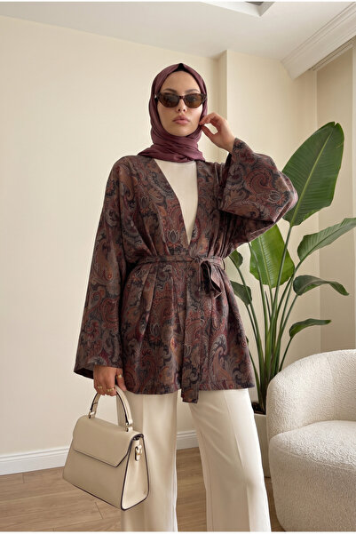 Bağcıklı Etnik Desenli Kimono -Bordo