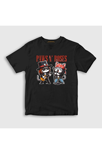 Presmono Tricou unisex pentru copii Paws N' Roses Guns N' Roses negru cu pisi...