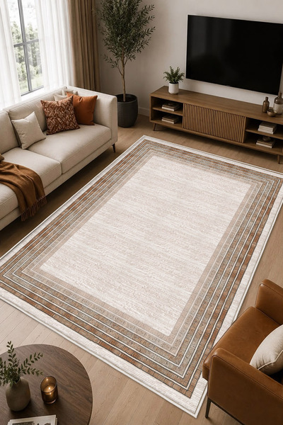 STY Home Krem Dijital Baskı Halı Kaymaz Tabanlı Yıkanabilir Halı Yolluk Salon...
