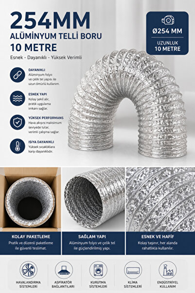 günlüler Sobe 254 mm x 10 Metre Esnek Alüminyum Telli Aspiratör ve Havalandır...