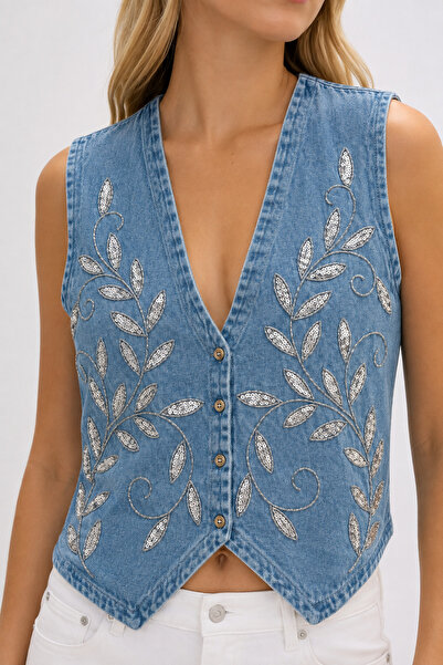 MetuCA Women's Blue Beaded Jean Vest Cotton V-Neck Denim